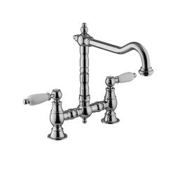 PB Robinet de cuisine Nostalgic Bridge Chrome avec bec rond avec poignées blanches PBN.CHR.R.WH