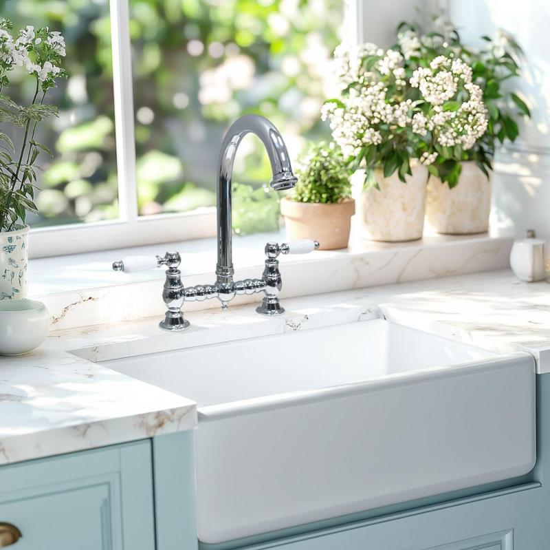 PB Robinet de cuisine Nostalgic Bridge Chrome avec bec rond avec poignées blanches PBN.CHR.R.WH