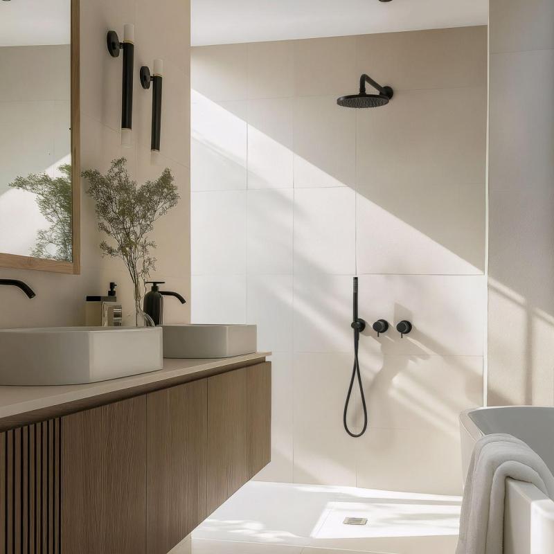 Waterevolution Flow set de douche thermostatique encastrable noir mat avec effet pluie et douchette 1208846402