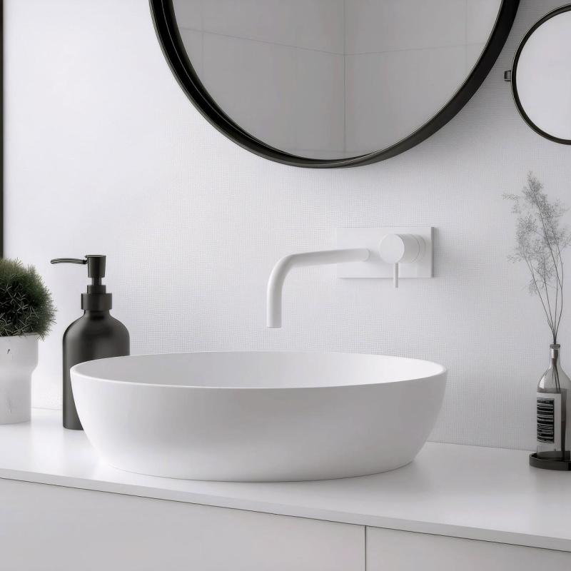 Waterevolution Flow mitigeur de lavabo à encastrer avec plaque  blanc mat et bec 15cm T1161BBR-15