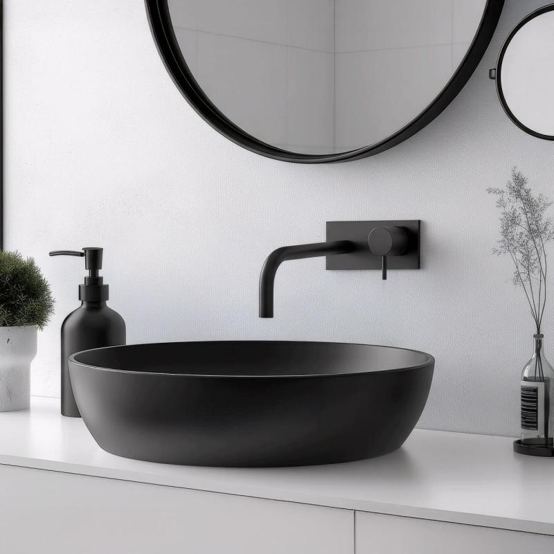 Robinet de lavabo encastré Waterrevolution Flow avec plaque de recouvrement noir mat et bec de 15 cm T1161BPR-15