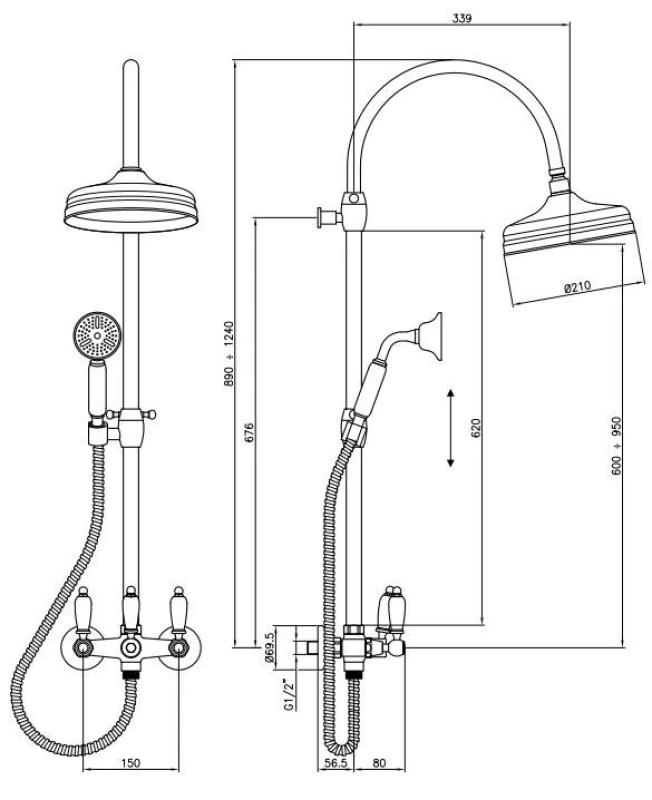 PB Classic Set de douche apparent avec effet pluie Colonne de douche télescopique Bronze 1208854882