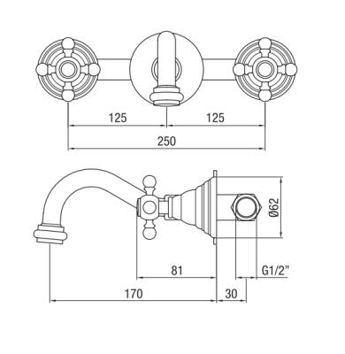 Robinet mural encastré classique PB avec poignées en étoile, bec de 16 cm, inox 1208855062