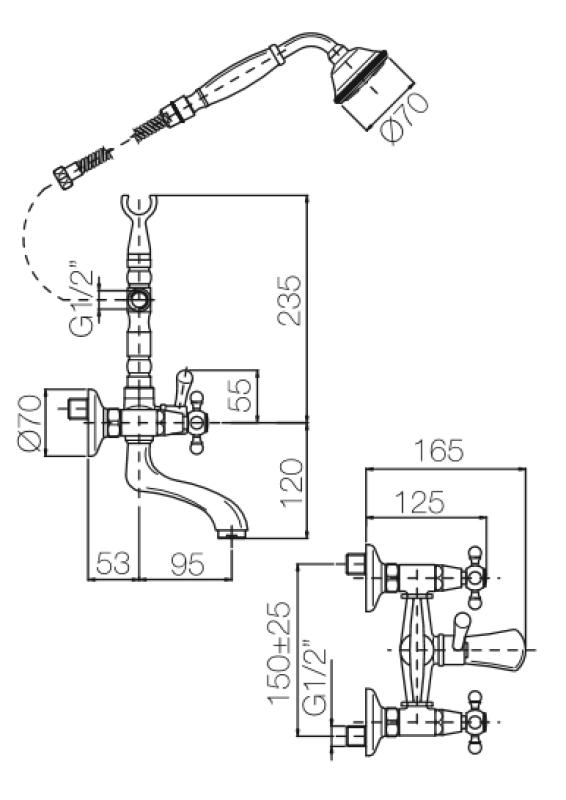 PB Classic Mélangeur de bain avec manettes à croisillons et douchette Acier inoxydable 1208855172