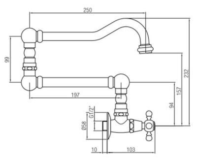PB classic robinet de lavabo mural encastré avec manette à croisillon eau froide et long bec pivotant bronze 1208855722