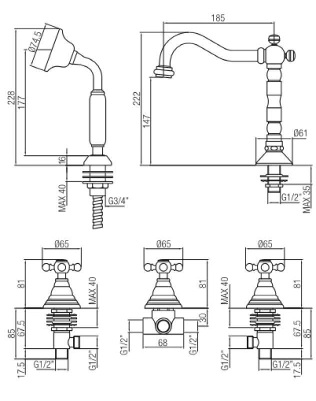 PB Classic Robinet de bain 5 trous avec manettes à croisillons Bronze 1208855782