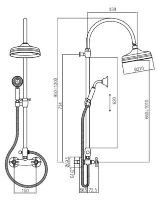 PB Classic Set de douche apperent avec manettes à croisillons et colonne de douche télescopique à effet de pluie Bronze 1208855902