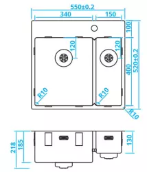 Caressi un bac et demi en acier inoxydable avec trou pour robinet CAPP3415KR10 B55xL52 sous plan, à fleur de plan ou en surface 1208921191