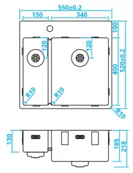 Caressi un bac et demi en acier inoxydable avec trou pour robinet CAPP1534KR10 B55xL52 sous plan, à fleur de plan ou en surface 1208921192