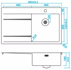 Caressi RVS Evier à droite avec égouttoir à gauche CAPP40ABR B86xL52 sous plan, à fleur de plan ou en surface 1208921292