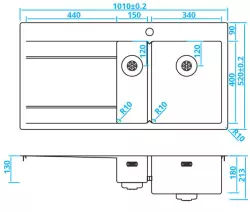 Caressi inox 1,5 évier à droite avec égouttoir à gauche CAPP1534ABR B101xL52 sous plan, à fleur de plan ou en surface 1208921301