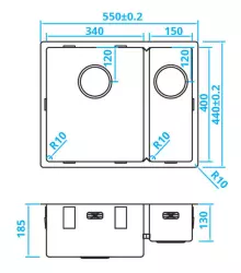 Caressi 1.5 évier en acier inoxydable CA3415R10 B34+B15xL40xD18.5cm sous plan, à fleur de plan ou en surface 1208921375