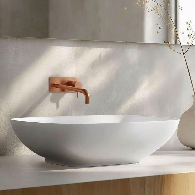 Waterevolution Flow Mitigeur de lavabo encastré avec plaque de recouvrement PVD Cuivre brossé avec bec 15cm T1161CPE-15