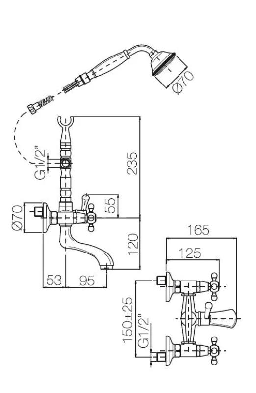 PB Mitigeur de baignoire sur pied nostalgique manettes à croisillons Chromé 6000