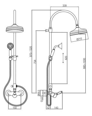PB Ensemble de robinet de douche nostalgique avec douche à effet pluie en inox