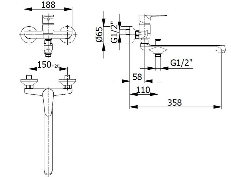 Blusani spécial Robinet mural Chrome avec bec long 35cm et douchette 1208952919