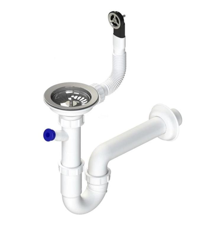 Ensemble d'évacuation GraniteMy en acier inoxydable avec trop-plein rond incl. siphon pour un évier simple 1208952965