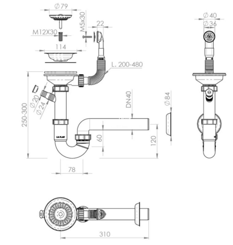 Ensemble d'évacuation GraniteMy en acier inoxydable avec trop-plein rond incl. siphon pour un évier simple 1208952965