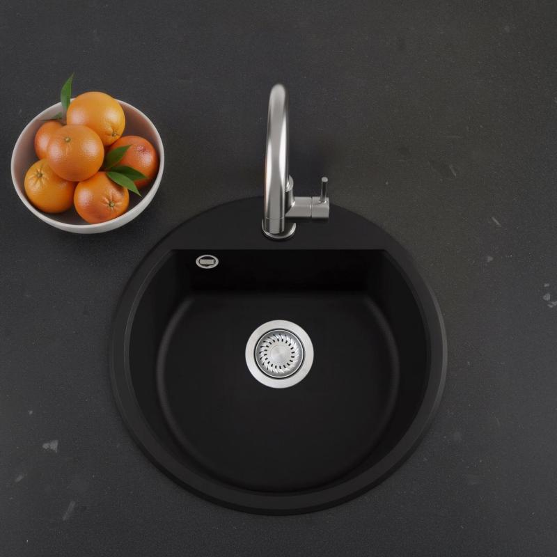 GraniteMy Bremen évier rond en granit 43 cm noir à monter en surface et sous plan avec trou de robinetterie banc avec bouchon en inox 1208953206