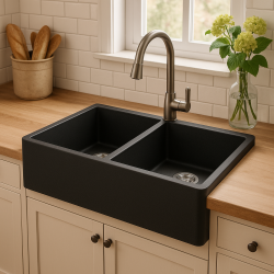 GraniteMy Tradition évier double rural en granit 2 côtés 80x50cm noir encastrable sous-plan et affleurant 1208953697
