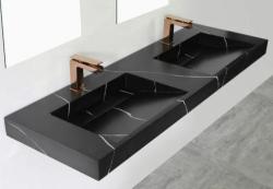 Double vasque en solid surface marbre noir mat sans trou de robinet avec cache solide B160xD45xH8 1208953890.