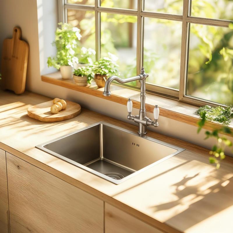 PB Robinet de cuisine de campagne classique nostalgique en inox avec poignées blanches 1208953915