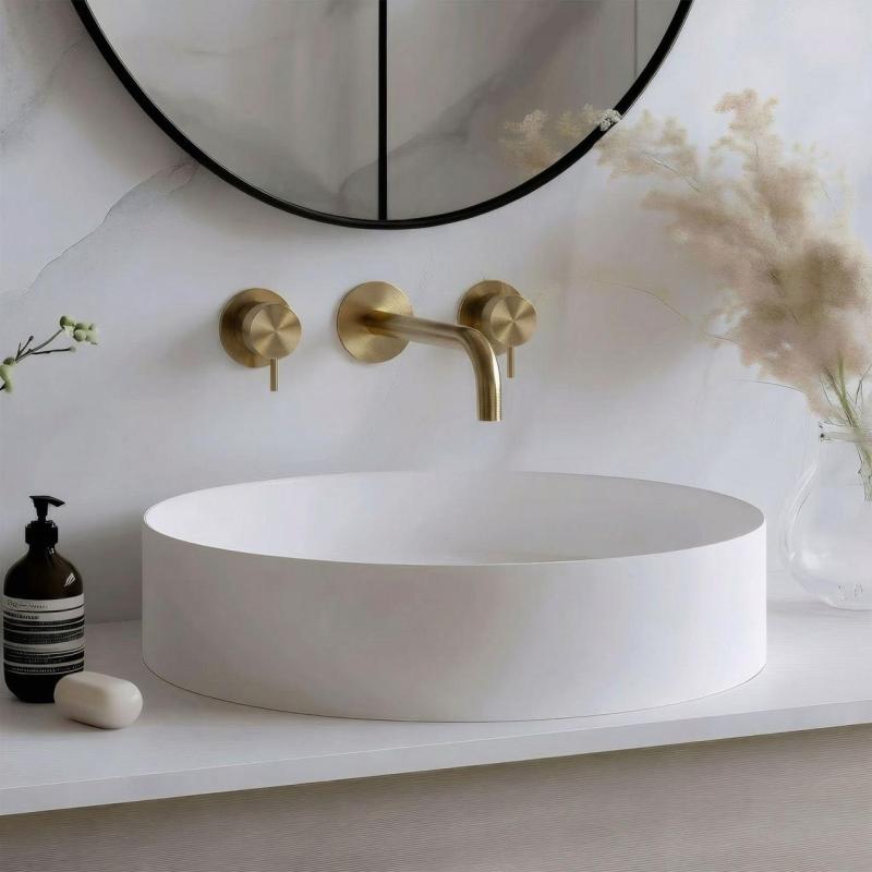 Waterevolution Flow Mitigeur de lavabo encastré à 3 trous, laiton brossé, bec de 15 cm, T1163FLE-15