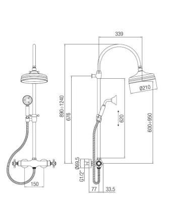PB Classic Colonne de douche classique avec mélangeur thermostatique et douche à effet pluie Bronze