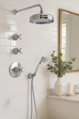Ensemble de douche encastré nostalgique PB avec robinet thermostatique et 2 robinets d'arrêt - douchette - douche pluie 200mm - chrome
