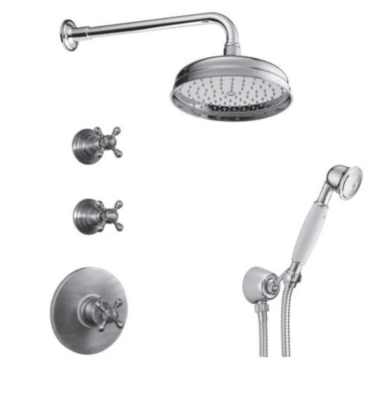 Ensemble de douche encastré nostalgique PB avec robinet thermostatique et 2 robinets d'arrêt - douchette - douche pluie 200mm - inox