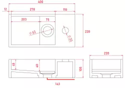 Fonte solide en marbre Solid-S, surface solide, dimensions B40xD22xH10cm, marbre noir mat, droite avec trou pour robinet 1208954634.