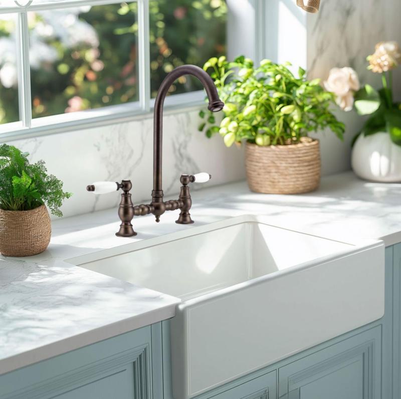 PB robinet de cuisine nostalgique à pont en bronze foncé avec bec rond et leviers blancs 1208954665