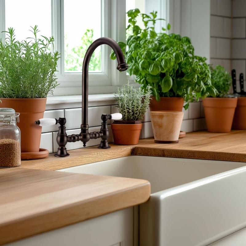 PB robinet de cuisine à pont nostalgique en cuivre foncé bec rond avec leviers blancs 1208954666