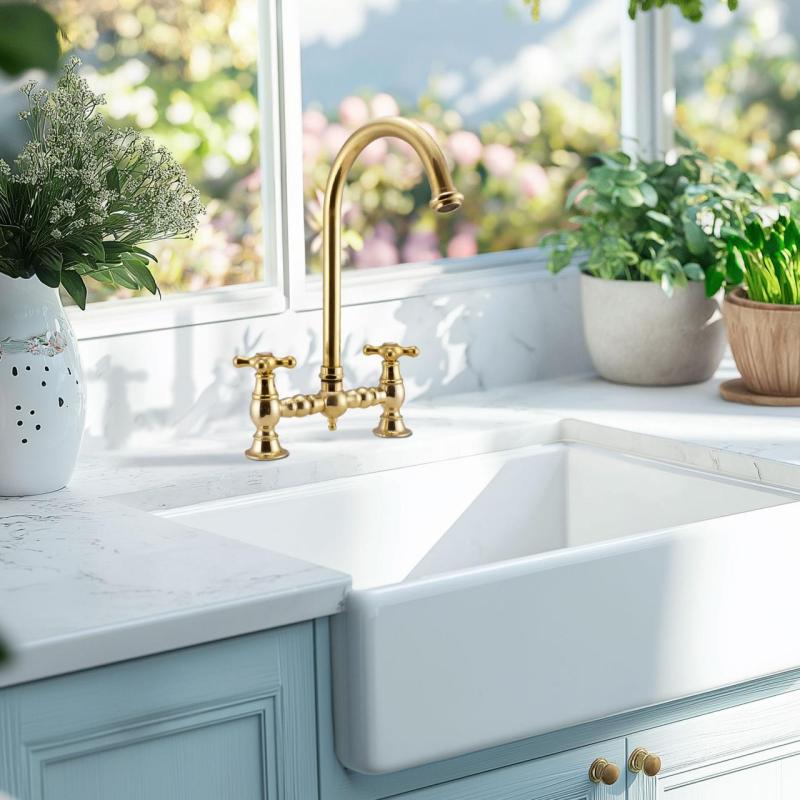 PB Robinet de cuisine nostalgique à pont en Laiton Naturel bec rond avec poignées à étoile1208954669