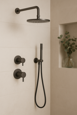 Waterevolution Flow Set de douche encastrable avec mitigeur thermostatique effet de pluie et douchette Gun Metal