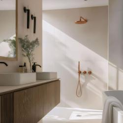 Waterevolution Flow Set de douche encastrable avec mitigeur thermostatique effet de pluie et douchette Cuivre brossé PVD