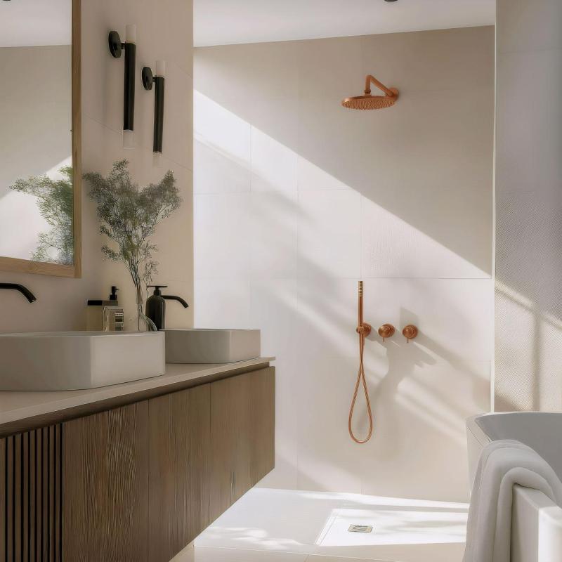 Waterevolution Flow Set de douche encastrable avec mitigeur thermostatique effet de pluie et douchette Cuivre brossé PVD