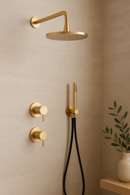 Waterevolution Flow Set de douche encastrable avec mitigeur thermostatique de douche effet pluie et douchette PVD Or Clair Brossé