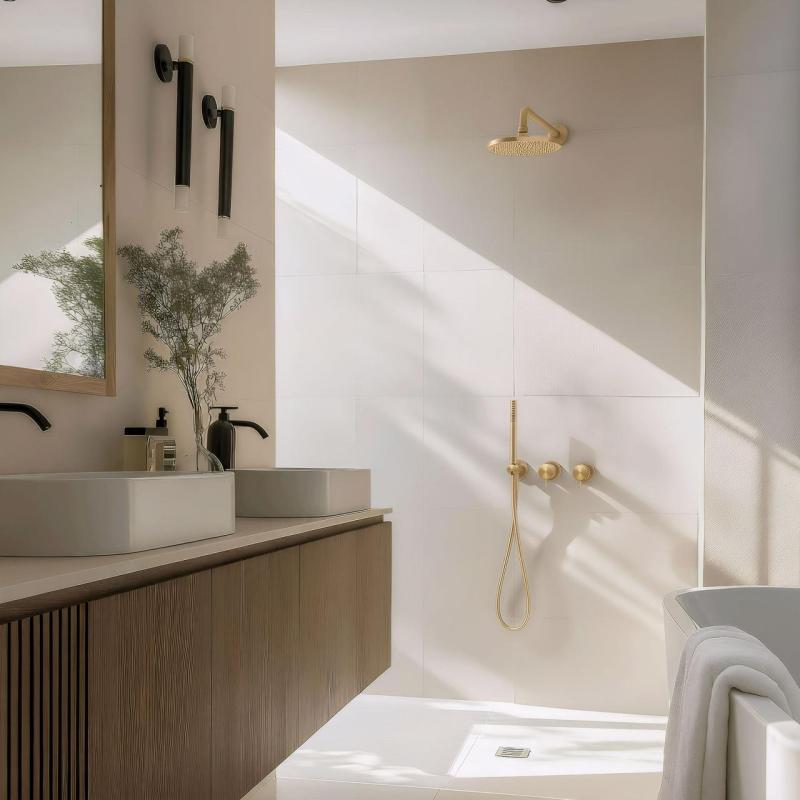 Waterevolution Flow Set de douche encastrable avec mitigeur thermostatique de douche effet pluie et douchette PVD Or Clair Brossé