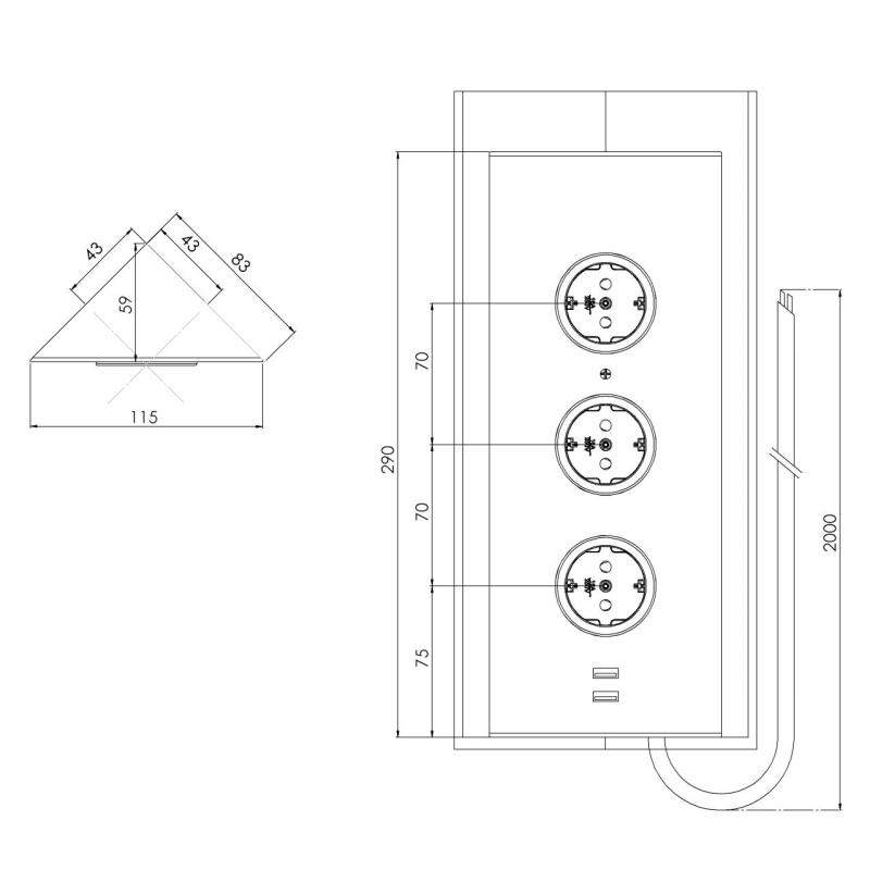 Indux Energiezuil avec 3 prises Penaarde et 2 chargeurs USB en acier inoxydable 1208955897