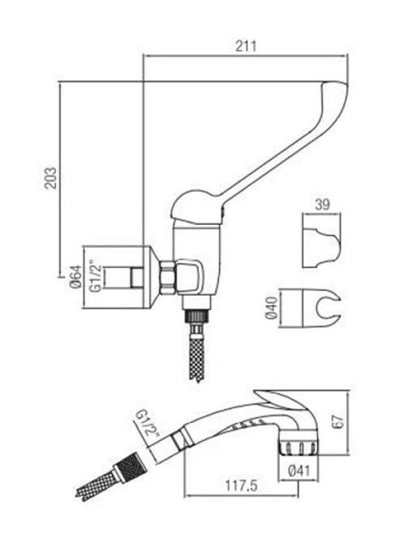 PB Clinic mitigeur de douche pour handicapés avec levier long, chromé avec douchette 1208956283