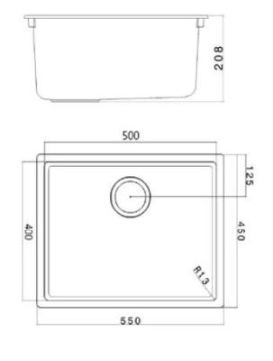 Evier noir 50x40cm sous plan, à fleur de plan ou en surface avec bouchon en inox 1208956395