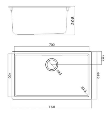 Grand évier noir 70x40cm sous plan, à fleur de plan ou en surface avec Bouchon en inox 1208956400