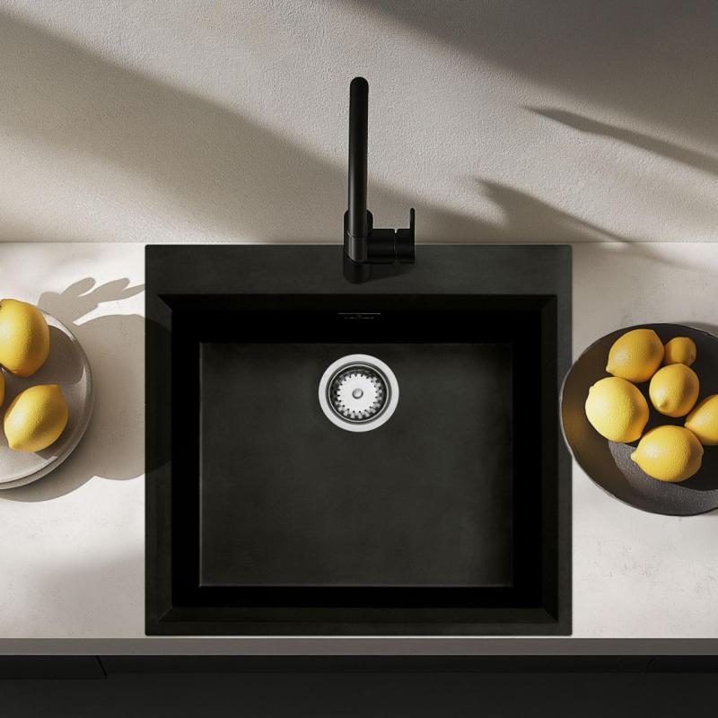 Évier noir à encastrer 58 x 53 cm avec trou pour robinet et bouchon en acier inoxydable 1208956732