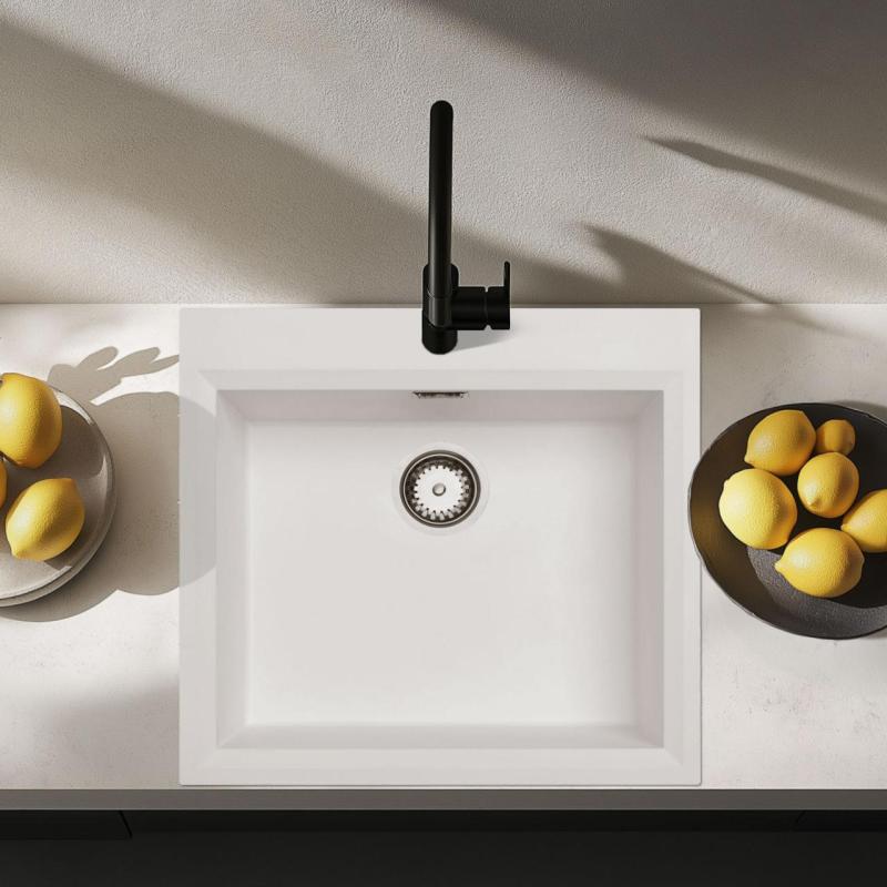 Evier blanc 58x53cm montage en surface avec trou de robinetterie avec panier pour bonde en inox 1208956763