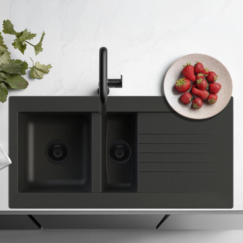 Ausmann Fibre 1,5 évier en plastique noir réversible avec égouttoir apparent 100x50 cm avec bouchon noir 1208956784