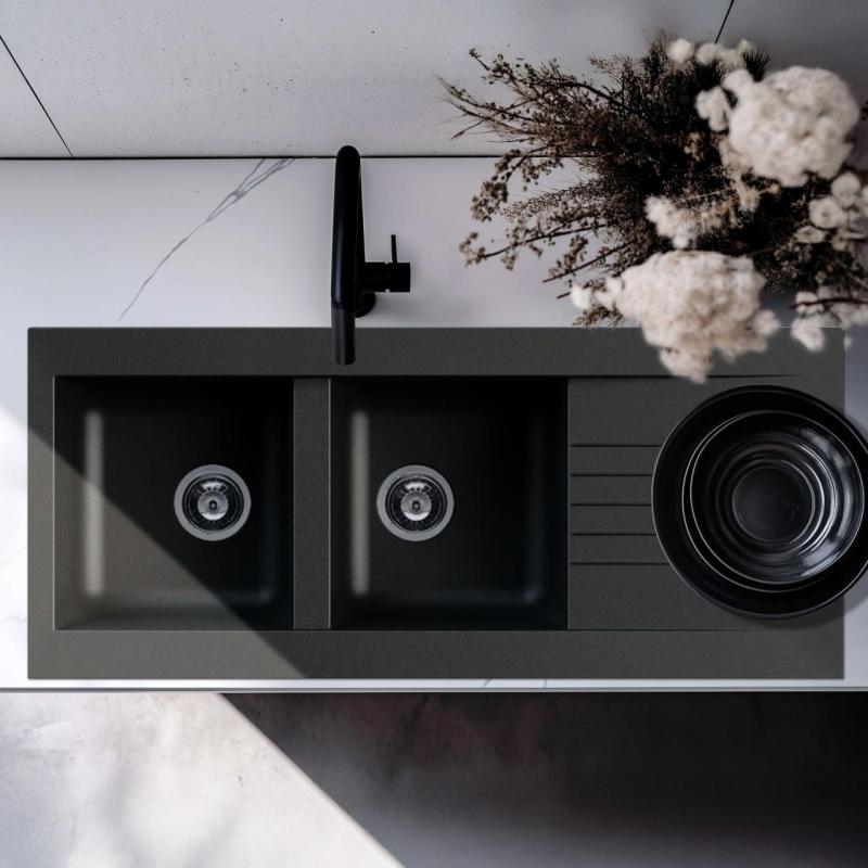 Ausmann Fibre double évier en plastique noir réversible avec égouttoir en surface 116x50 cm 1208956787