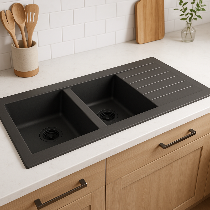 Ausmann Fibre double évier en plastique noir réversible avec égouttoir en surface 116x50 cm avec bouchon noir 1208956790