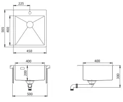 Ausmann Turt évier en acier inoxydable 450x505mm avec trou de robinetterie pour montage sous plan, à fleur de plan ou en surface 1208956941