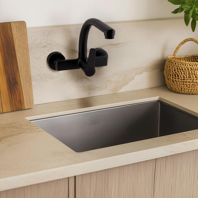 AquaTrimo Chopin Robinet mural de cuisine avec sortie sur le dessus noir mat 21CP7073SW